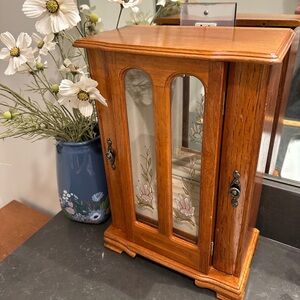 Wooden Vintage 1970s Jewelry Box with Floral Glass Panels